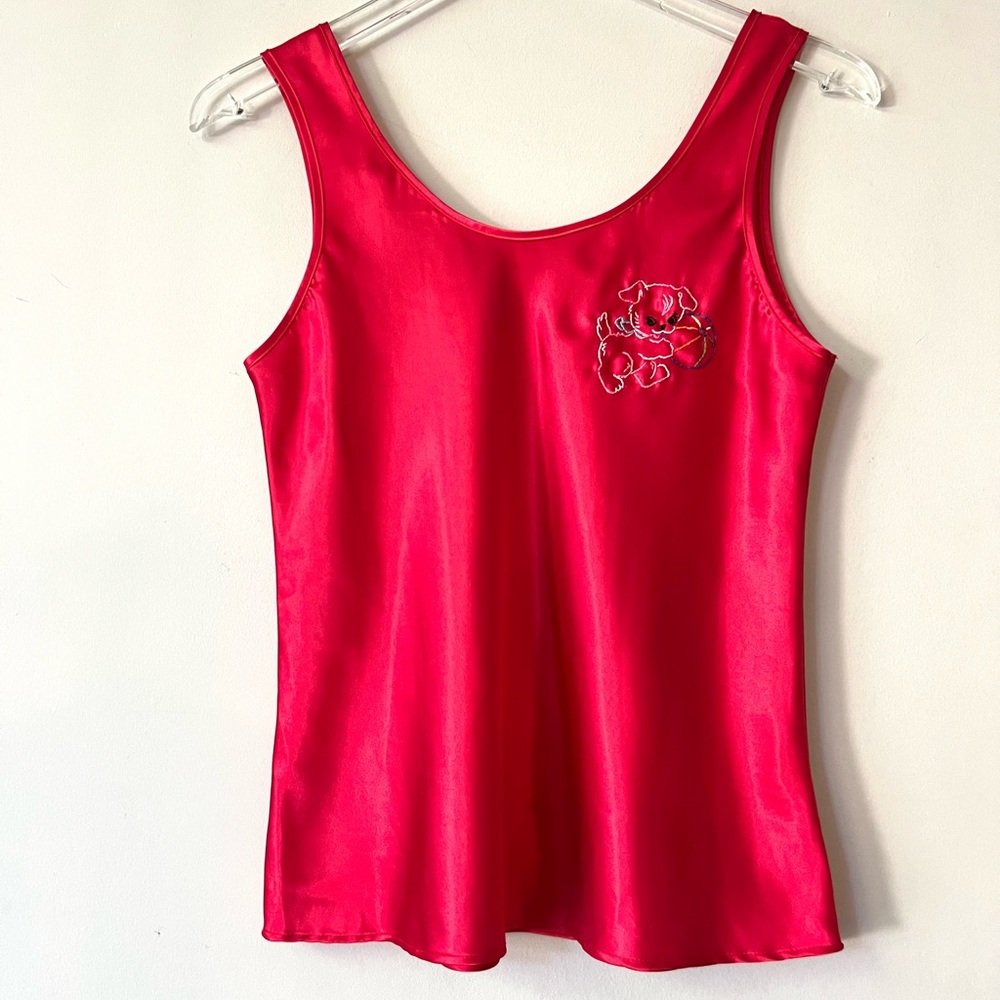 Embroidered Puppy Red Satin Cottagecore Tank - Picture 2 of 6